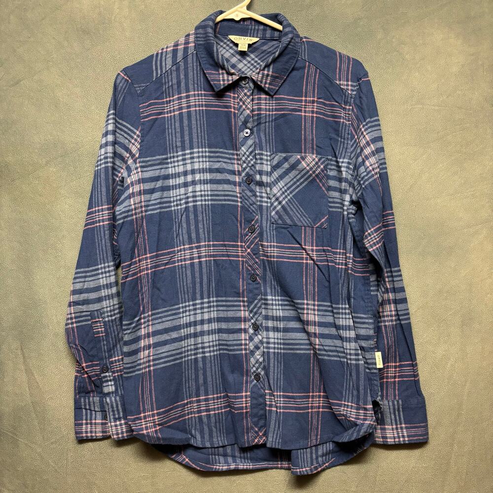 Orvis Plaid Button Shirt Womens M Blue Pink Stretch Hi Low Rockabilly Country